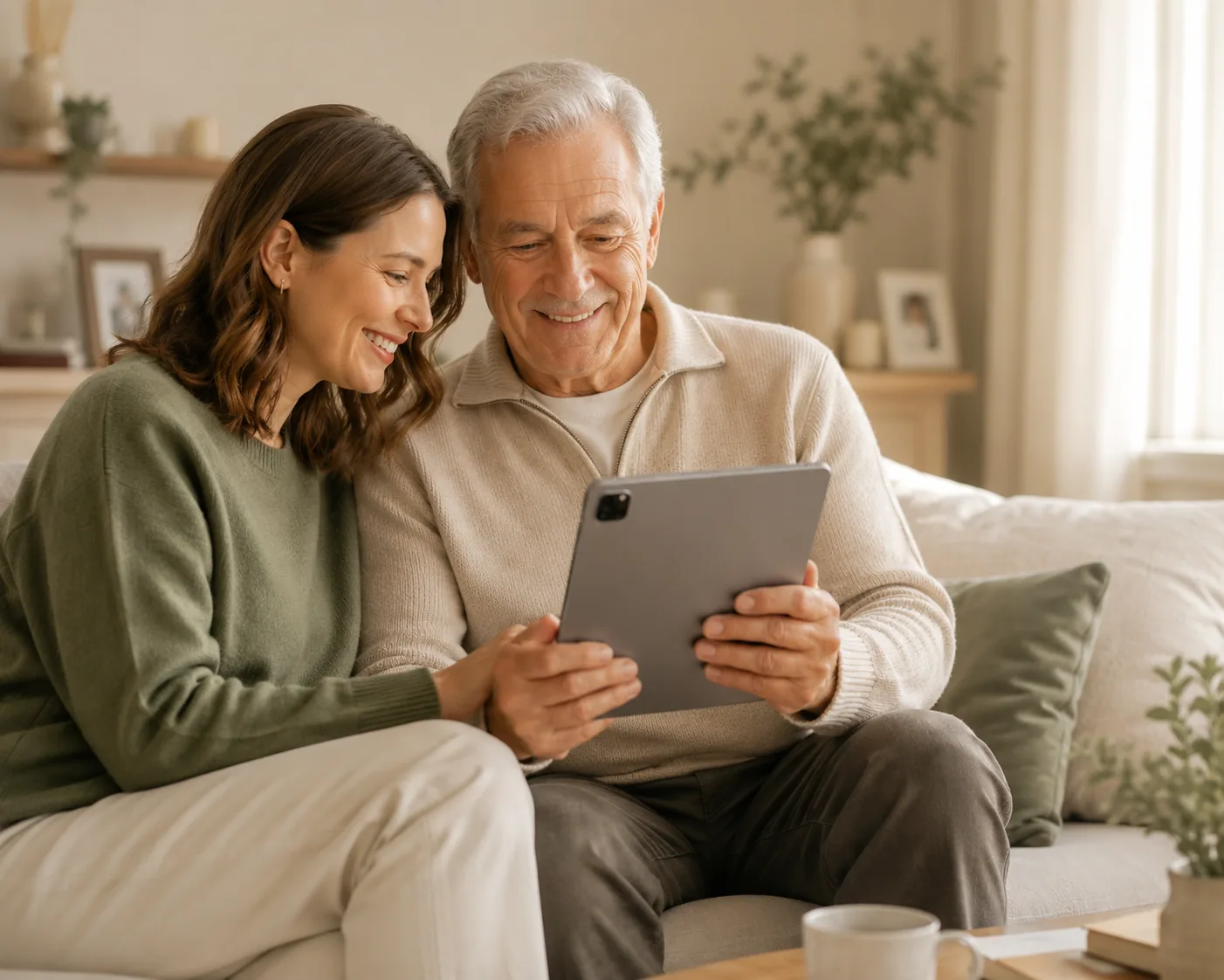 Dad and daughter looking at a guided story keepsake on a tablet