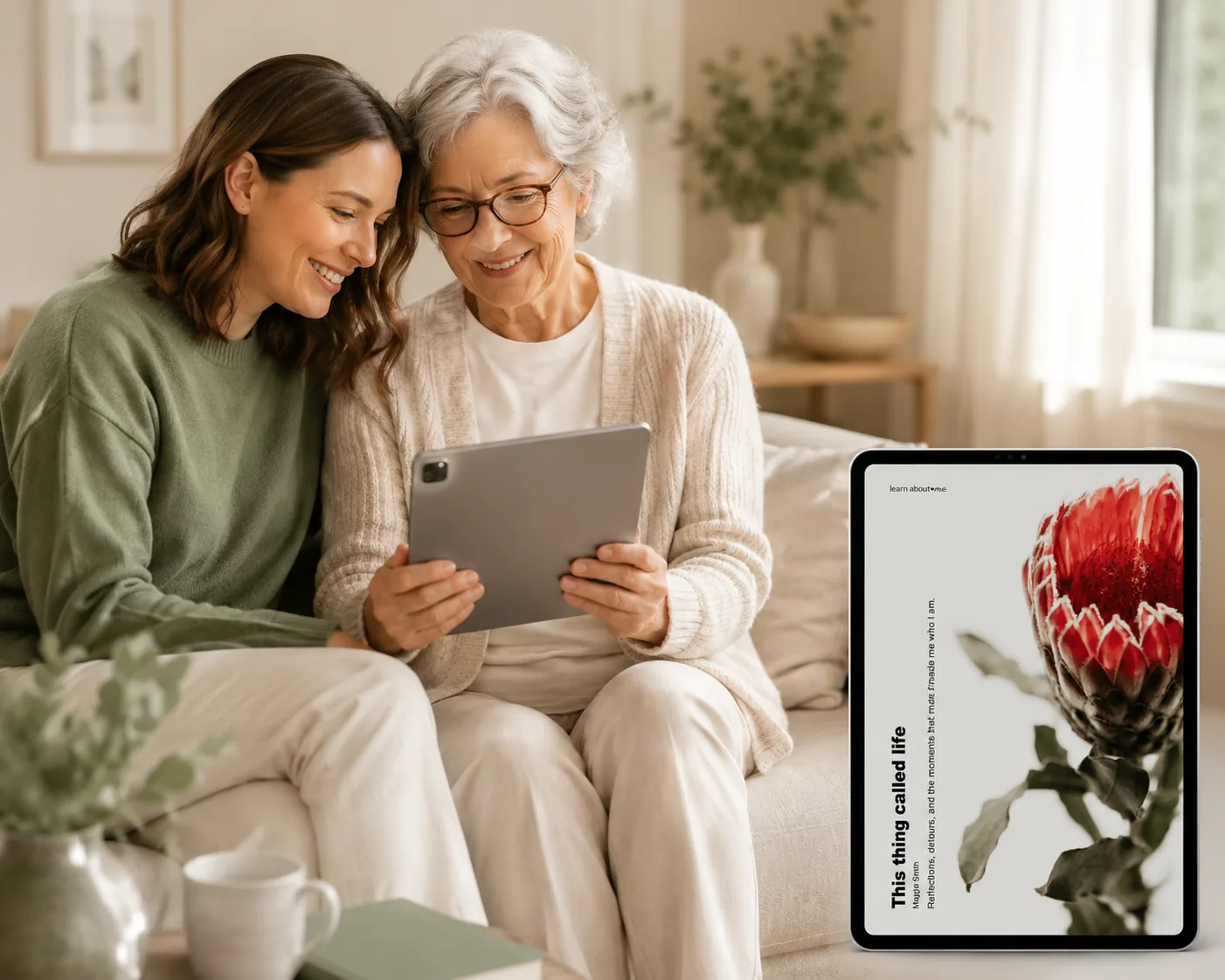 Adult daughter and older mother sitting together and smiling as they explore Learn About Me on a tablet